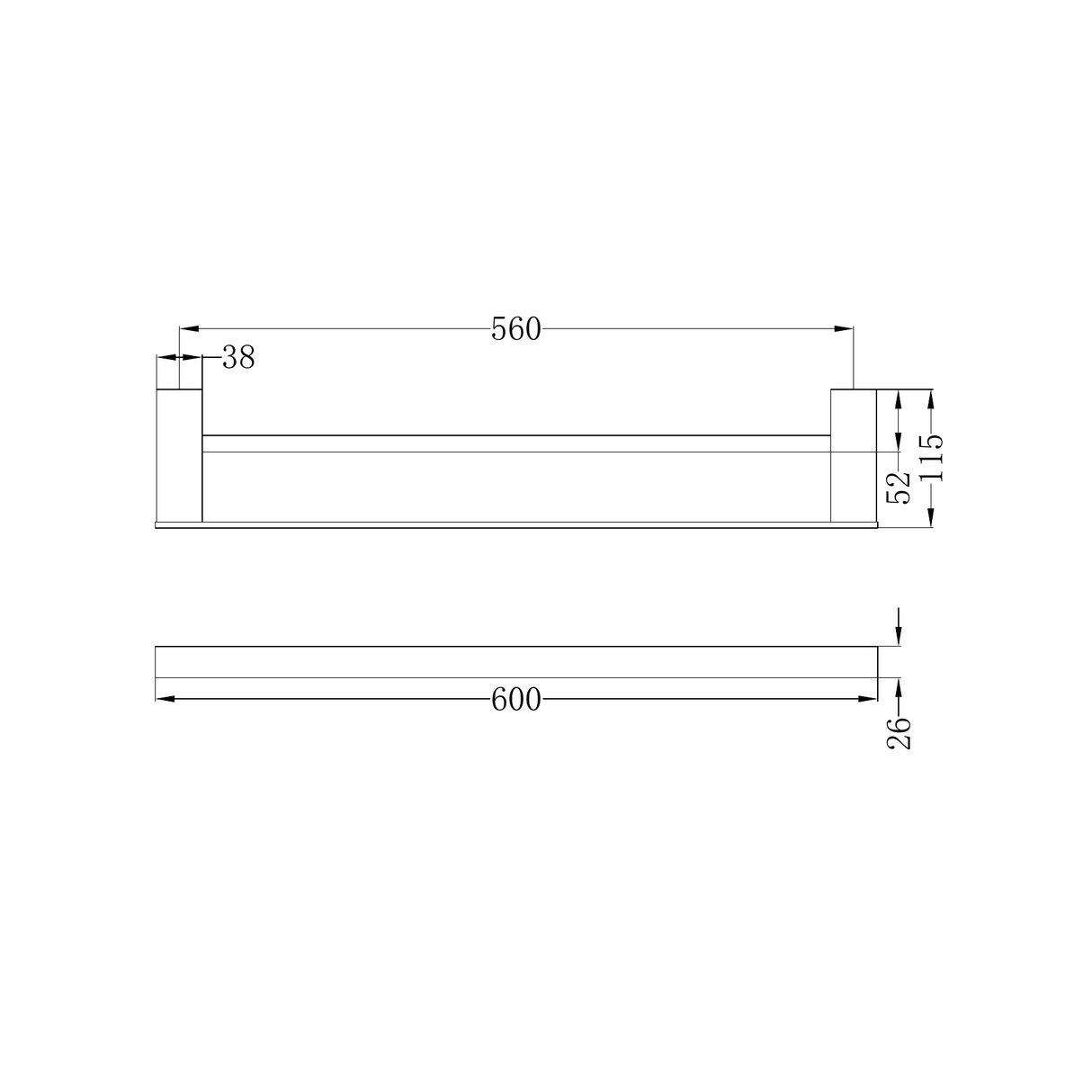 A line drawing of Nero Tapware Celia Double Towel Rail 600mm Matte Black