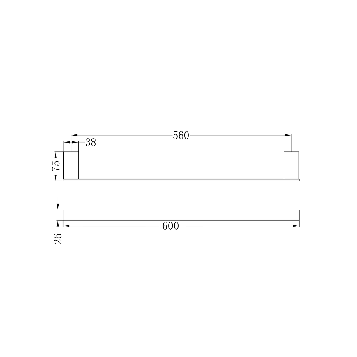 A line drawing of Nero Tapware Celia Single Towel Rail 600mm Brushed Nickel