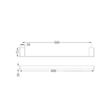 A line drawing of Nero Tapware Celia Single Towel Rail 600mm Brushed Nickel