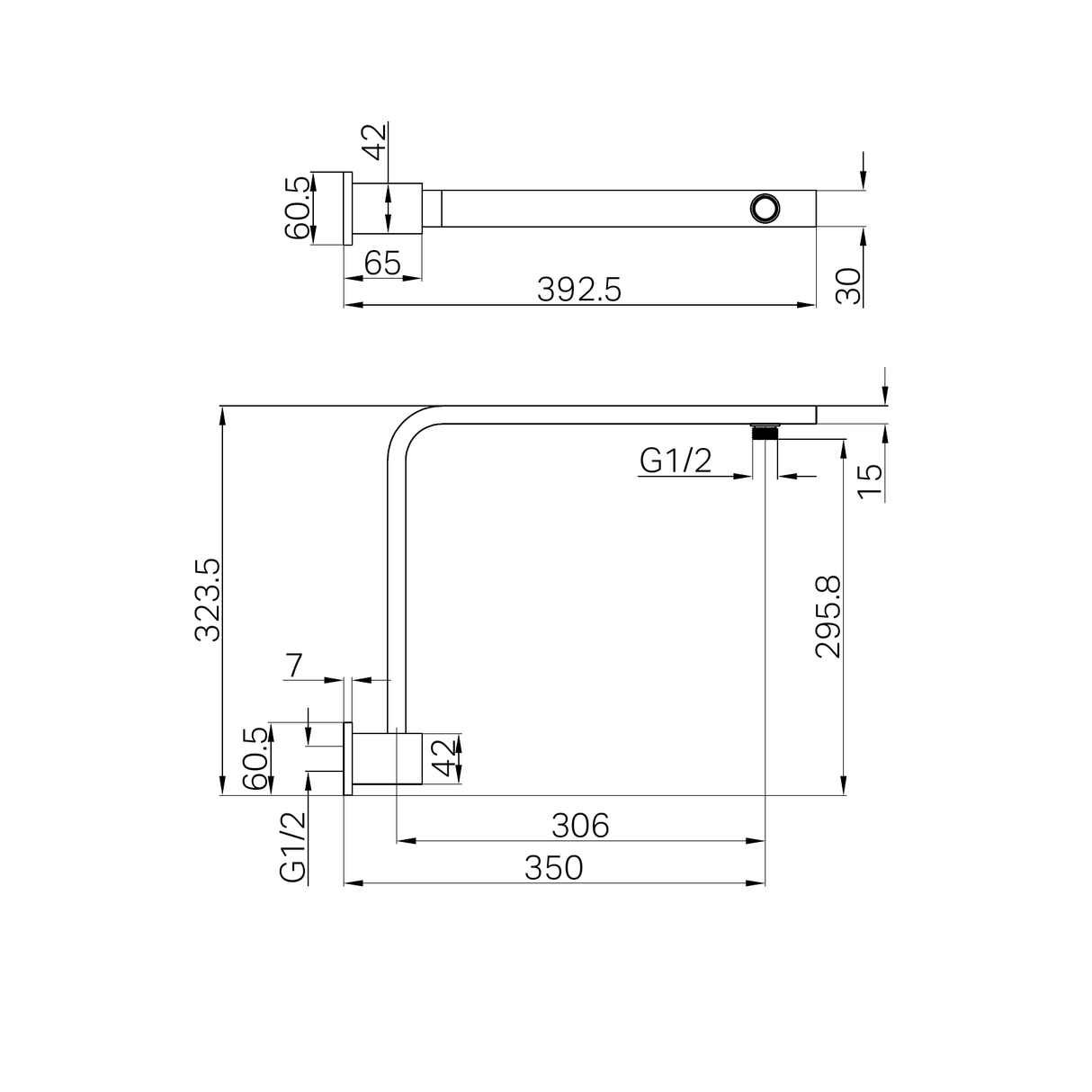 A line drawing of Nero Tapware Square Swivel Shower Arm Brushed Nickel