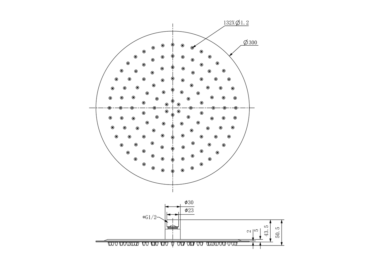 A line drawing of Nero Tapware Zen SS316L 300mm Round Shower Head Brushed Gold