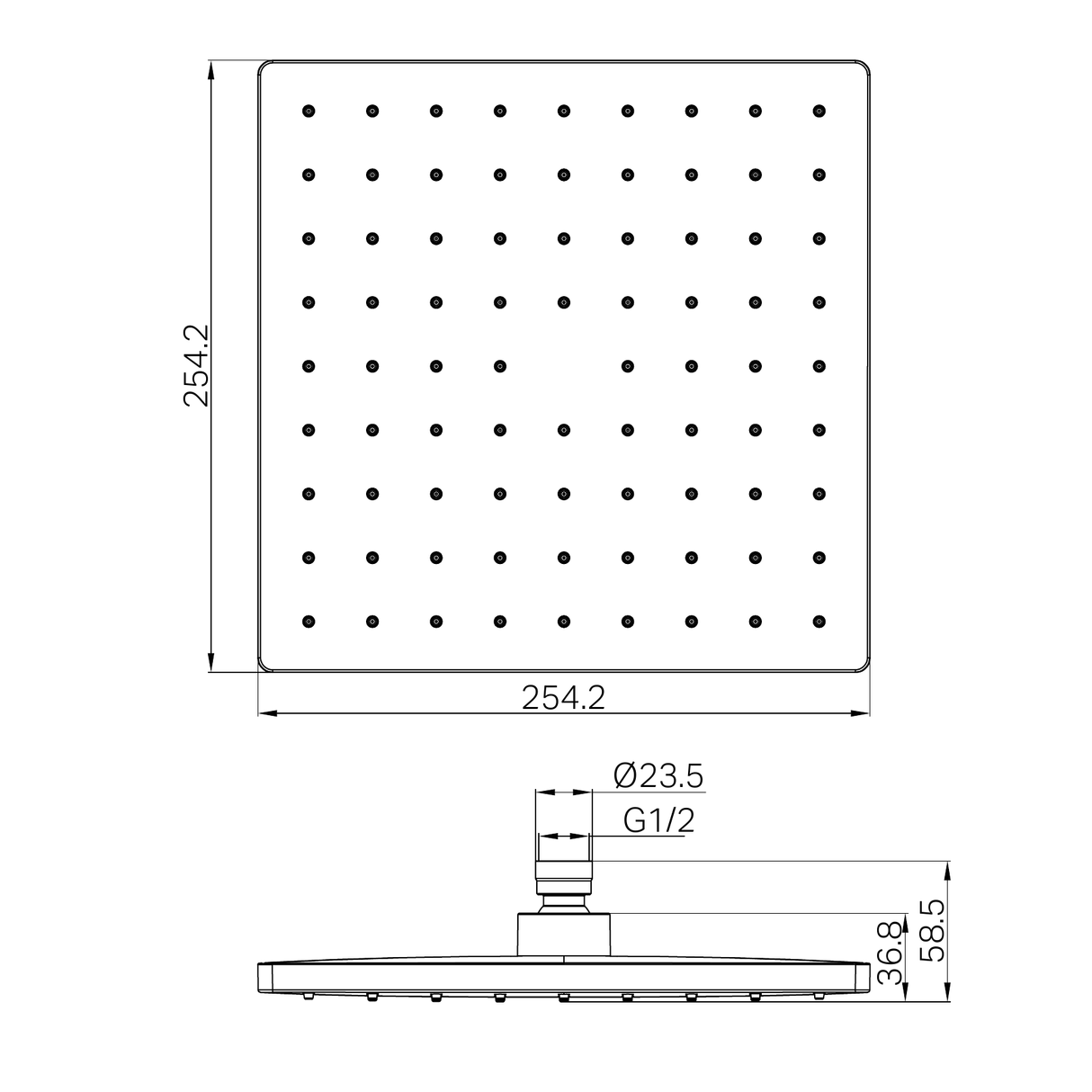A line drawing of Nero Tapware 250mm ABS Square Shower Head Chrome