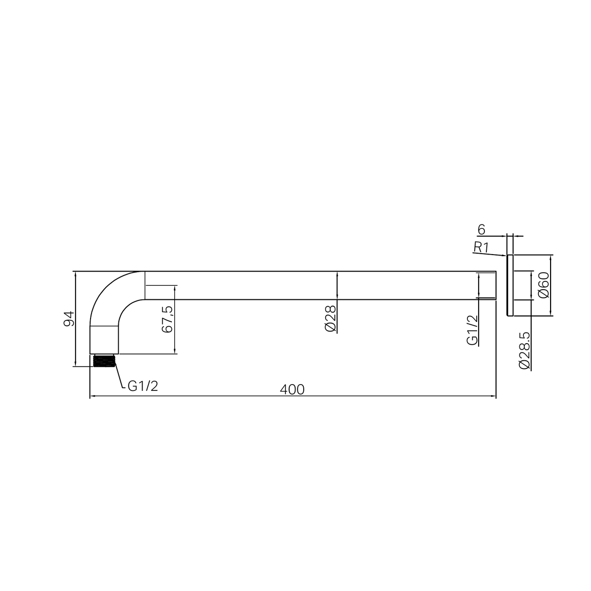 A line drawing of Nero Tapware Zen SS316L Round Shower Arm 400mm Length Brushed Gold