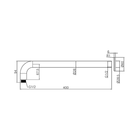 A line drawing of Nero Tapware Zen SS316L Round Shower Arm 400mm Length Graphite