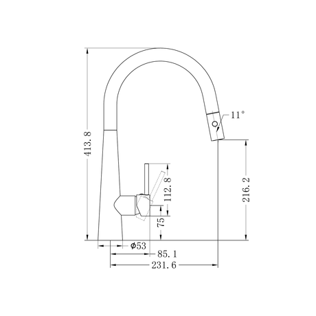 A line drawing of Nero Tapware Dolce Pull Out Sink Mixer With Vegie Spray Function Brushed Gold