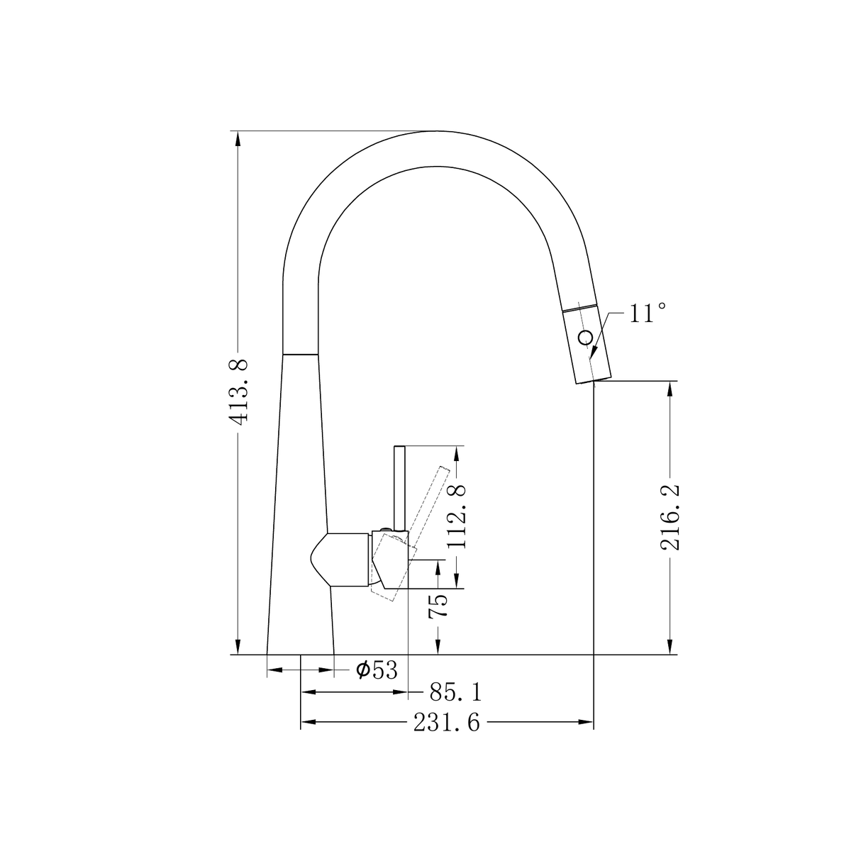 A line drawing of Nero Tapware Dolce Pull Out Sink Mixer With Vegie Spray Function Chrome
