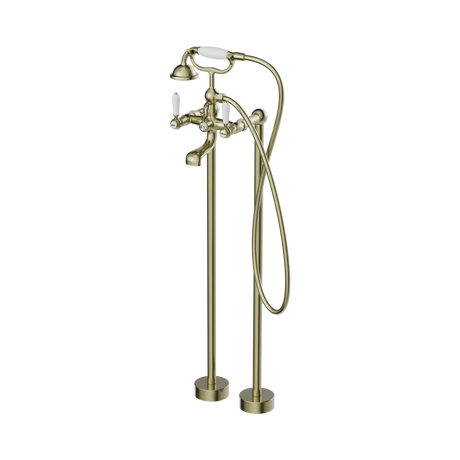 An image of Nero Tapware York Freestanding Bath Set With White Porcelain Hand Shower Aged Brass