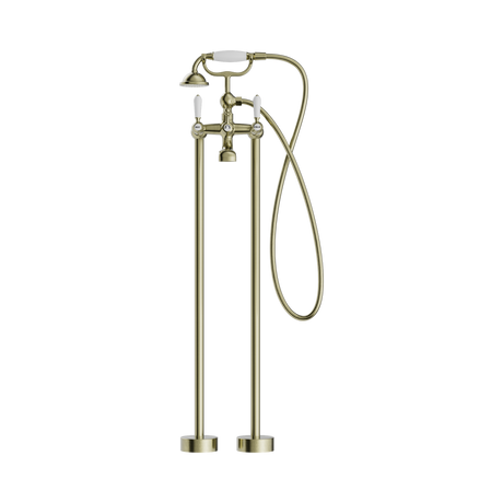 An image of Nero Tapware York Freestanding Bath Set With White Porcelain Hand Shower Aged Brass