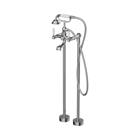 An image of Nero Tapware York Freestanding Bath Set With White Porcelain Hand Shower Chrome