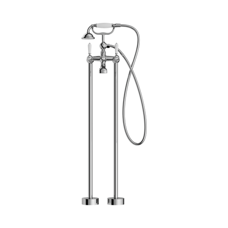 An image of Nero Tapware York Freestanding Bath Set With White Porcelain Hand Shower Chrome