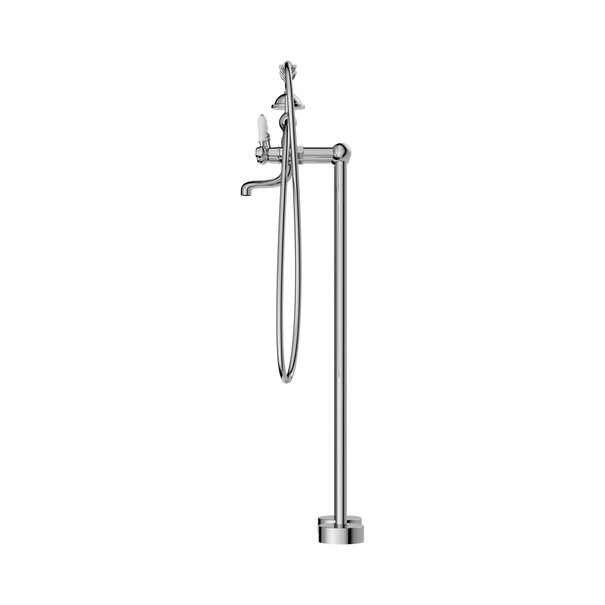 An image of Nero Tapware York Freestanding Bath Set With White Porcelain Hand Shower Chrome