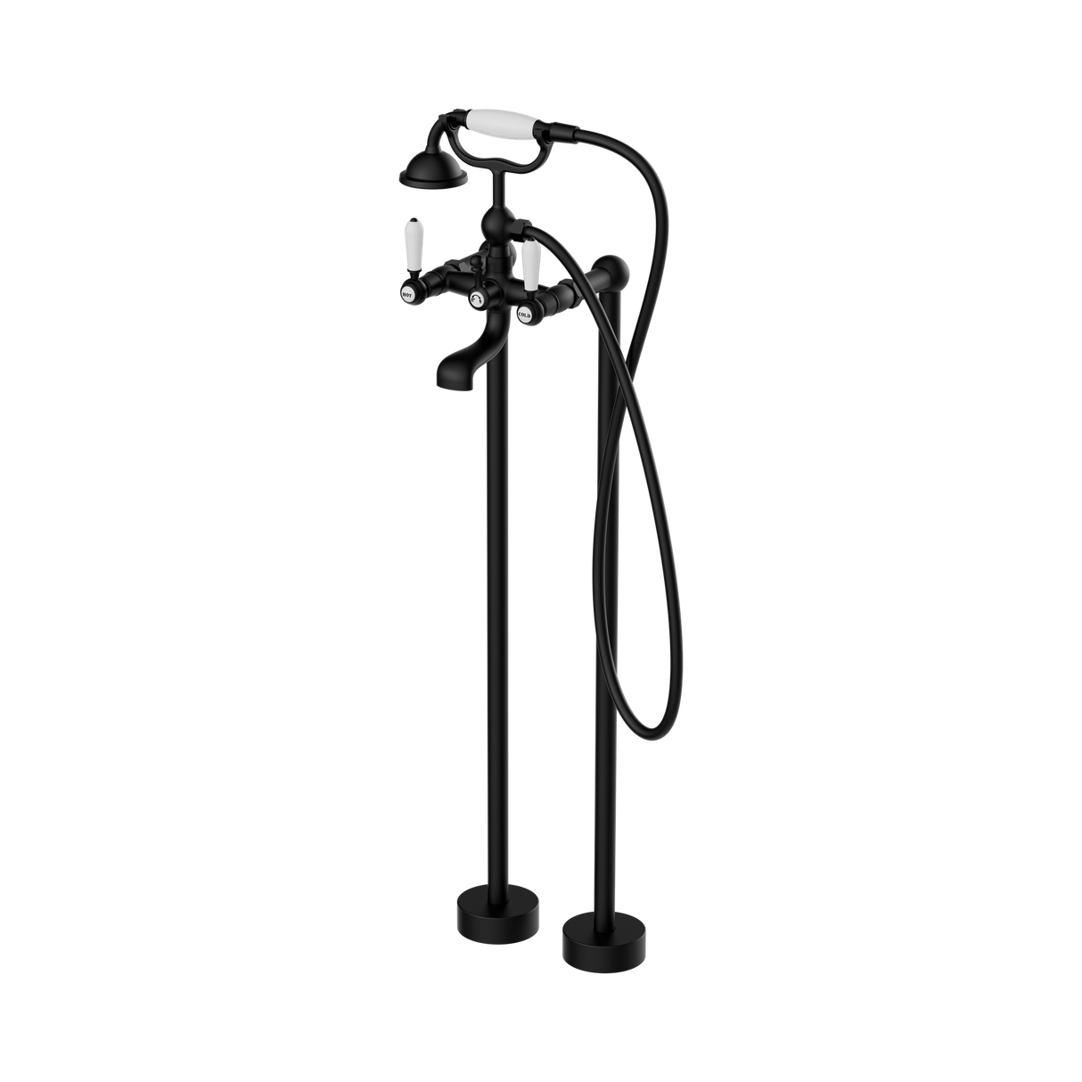 An image of Nero Tapware York Freestanding Bath Set With White Porcelain Hand Shower Matte Black