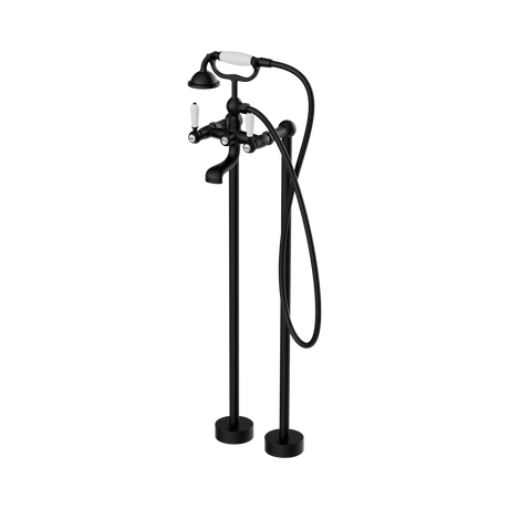 An image of Nero Tapware York Freestanding Bath Set With White Porcelain Hand Shower Matte Black