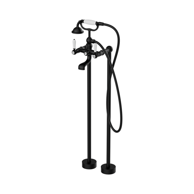 An image of Nero Tapware York Freestanding Bath Set With White Porcelain Hand Shower Matte Black