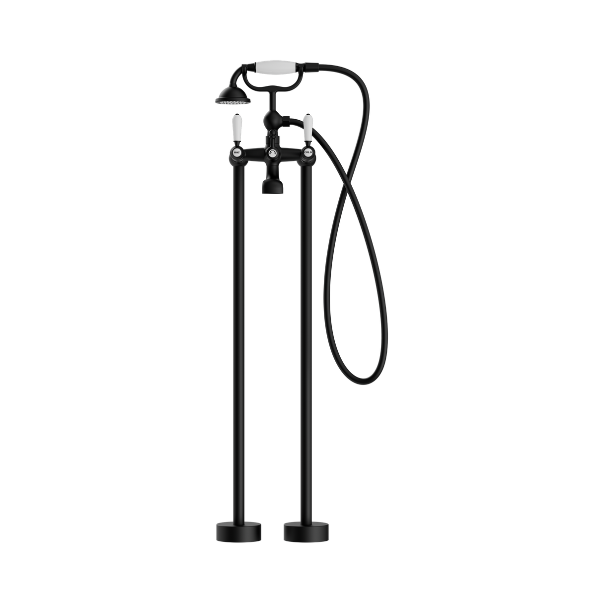 An image of Nero Tapware York Freestanding Bath Set With White Porcelain Hand Shower Matte Black