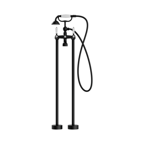 An image of Nero Tapware York Freestanding Bath Set With White Porcelain Hand Shower Matte Black