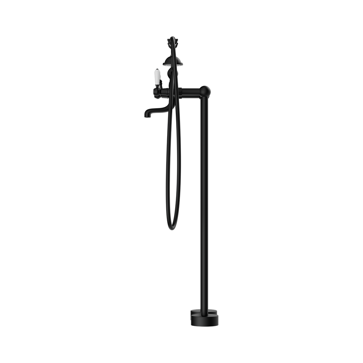 An image of Nero Tapware York Freestanding Bath Set With White Porcelain Hand Shower Matte Black