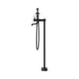 An image of Nero Tapware York Freestanding Bath Set With White Porcelain Hand Shower Matte Black