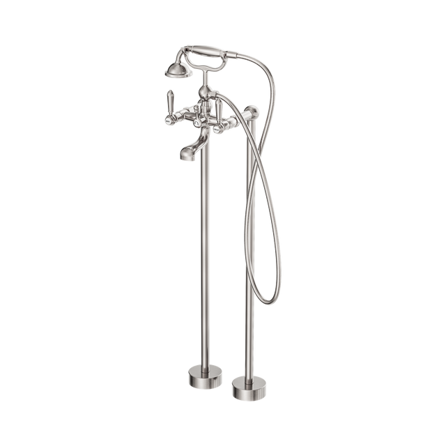 An image of Nero Tapware York Freestanding Bath Set With Metal Hand Shower Brushed Nickel
