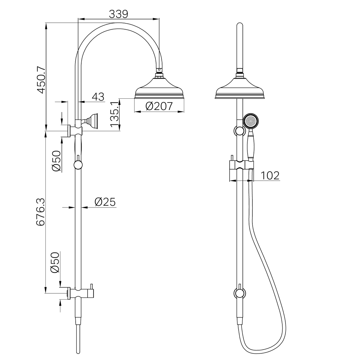 A line drawing of Nero Tapware York Twin Shower With Metal Hand Shower Matte Black