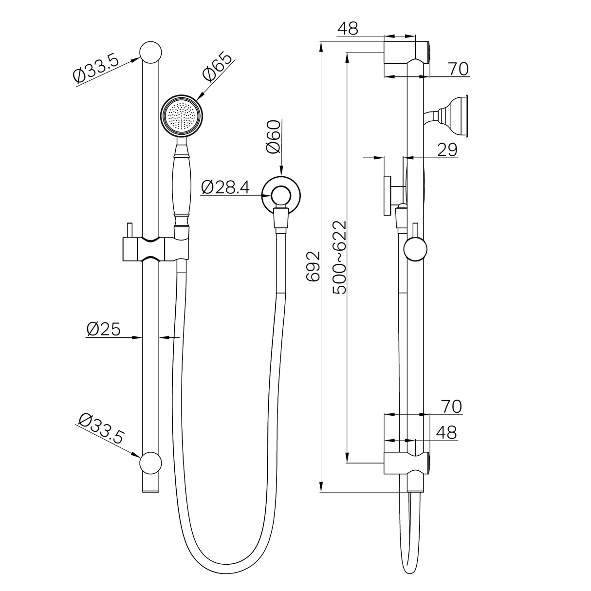 A line drawing of Nero Tapware York Shower Rail With White Porcelain Hand Shower Matte Black