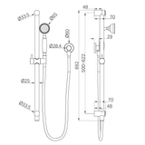 A line drawing of Nero Tapware York Shower Rail With White Porcelain Hand Shower Matte Black