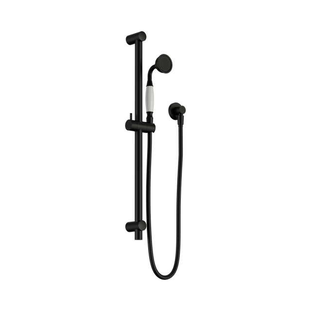 An image of Nero Tapware York Shower Rail With White Porcelain Hand Shower Matte Black
