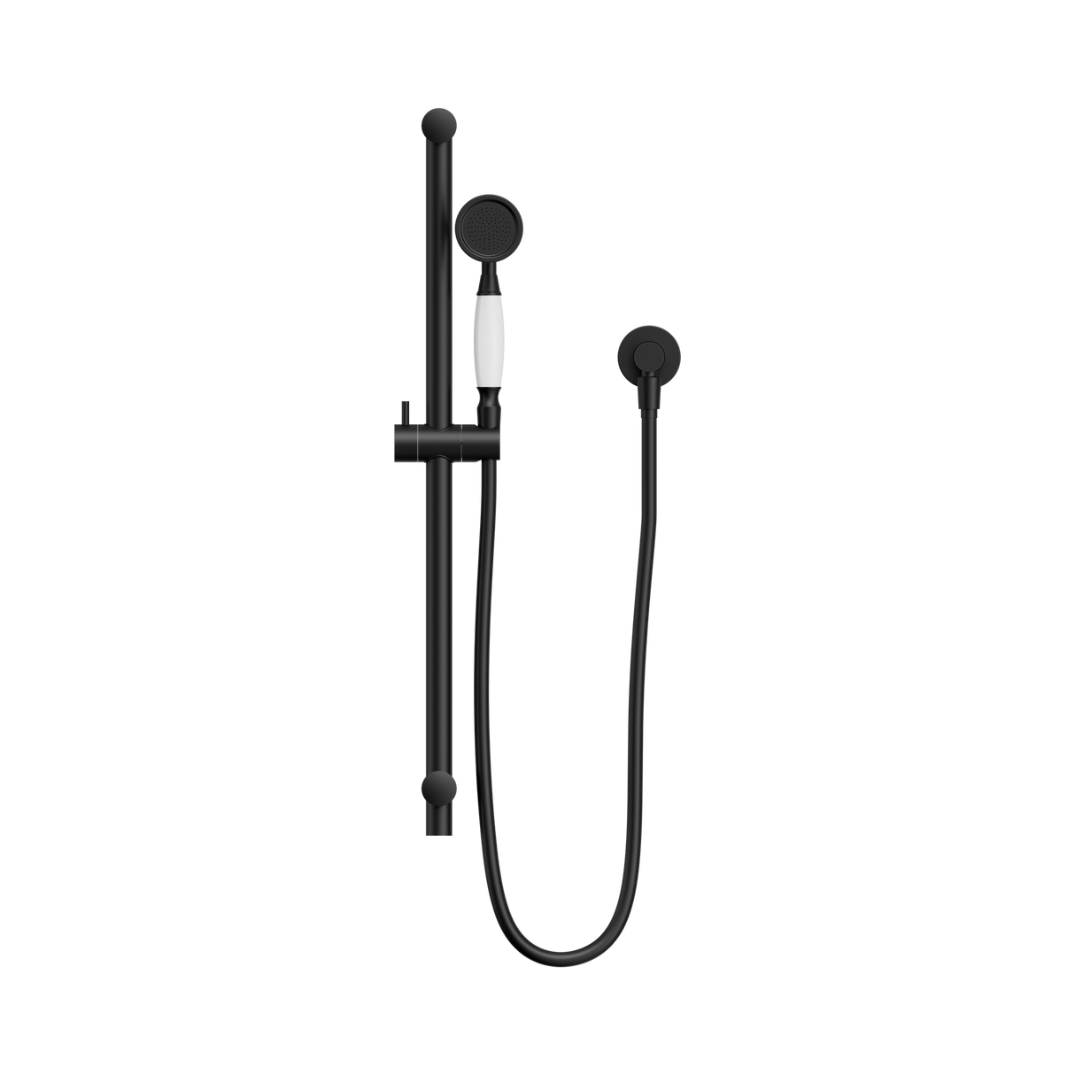 An image of Nero Tapware York Shower Rail With White Porcelain Hand Shower Matte Black