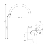 A line drawing of Nero Tapware York Kitchen Mixer Gooseneck Spout With Black Porcelain Lever Chrome
