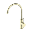 An image of Nero Tapware York Kitchen Mixer Gooseneck Spout With White Porcelain Lever Aged Brass