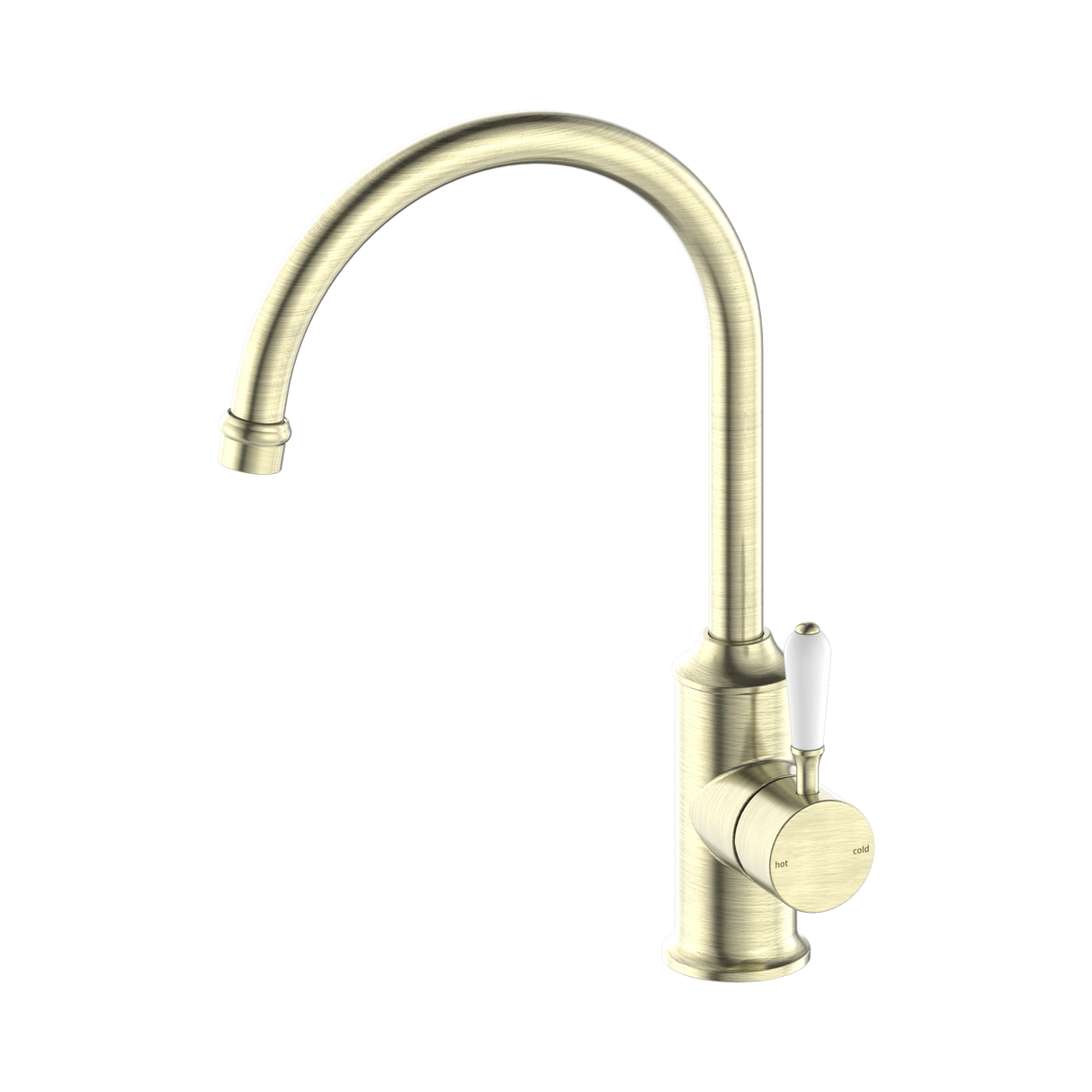 An image of Nero Tapware York Kitchen Mixer Gooseneck Spout With White Porcelain Lever Aged Brass