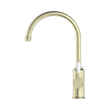 An image of Nero Tapware York Kitchen Mixer Gooseneck Spout With White Porcelain Lever Aged Brass