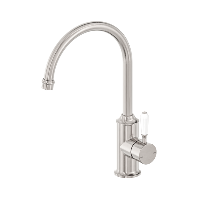 An image of Nero Tapware York Kitchen Mixer Gooseneck Spout With White Porcelain Lever Brushed Nickel