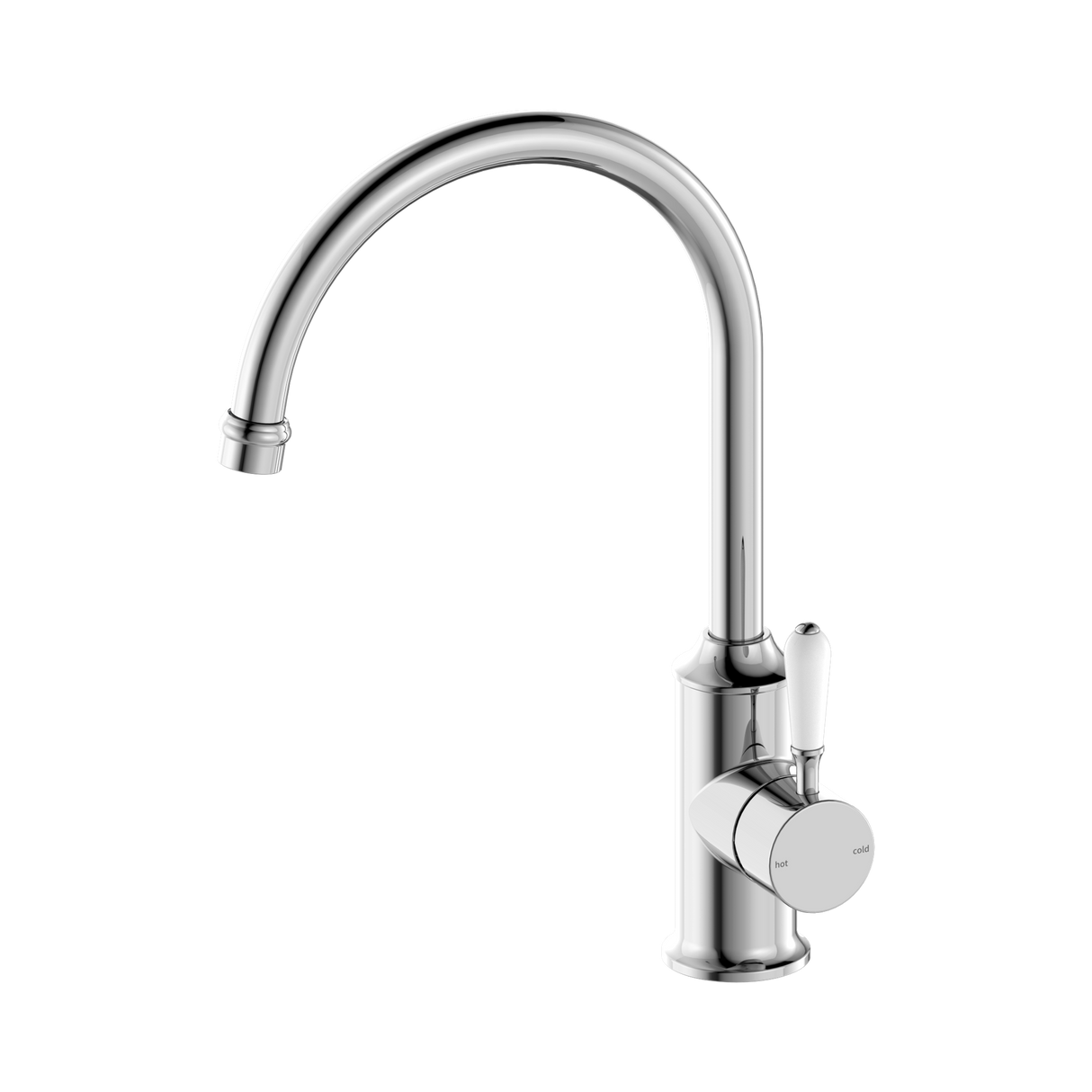 An image of Nero Tapware York Kitchen Mixer Gooseneck Spout With White Porcelain Lever Chrome