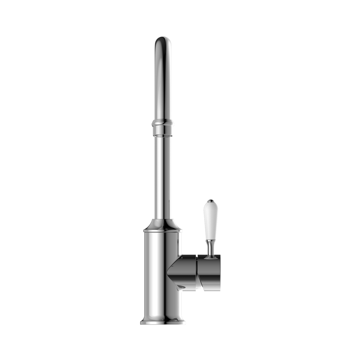 An image of Nero Tapware York Kitchen Mixer Gooseneck Spout With White Porcelain Lever Chrome