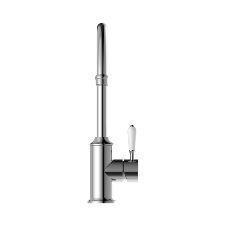 An image of Nero Tapware York Kitchen Mixer Gooseneck Spout With White Porcelain Lever Chrome