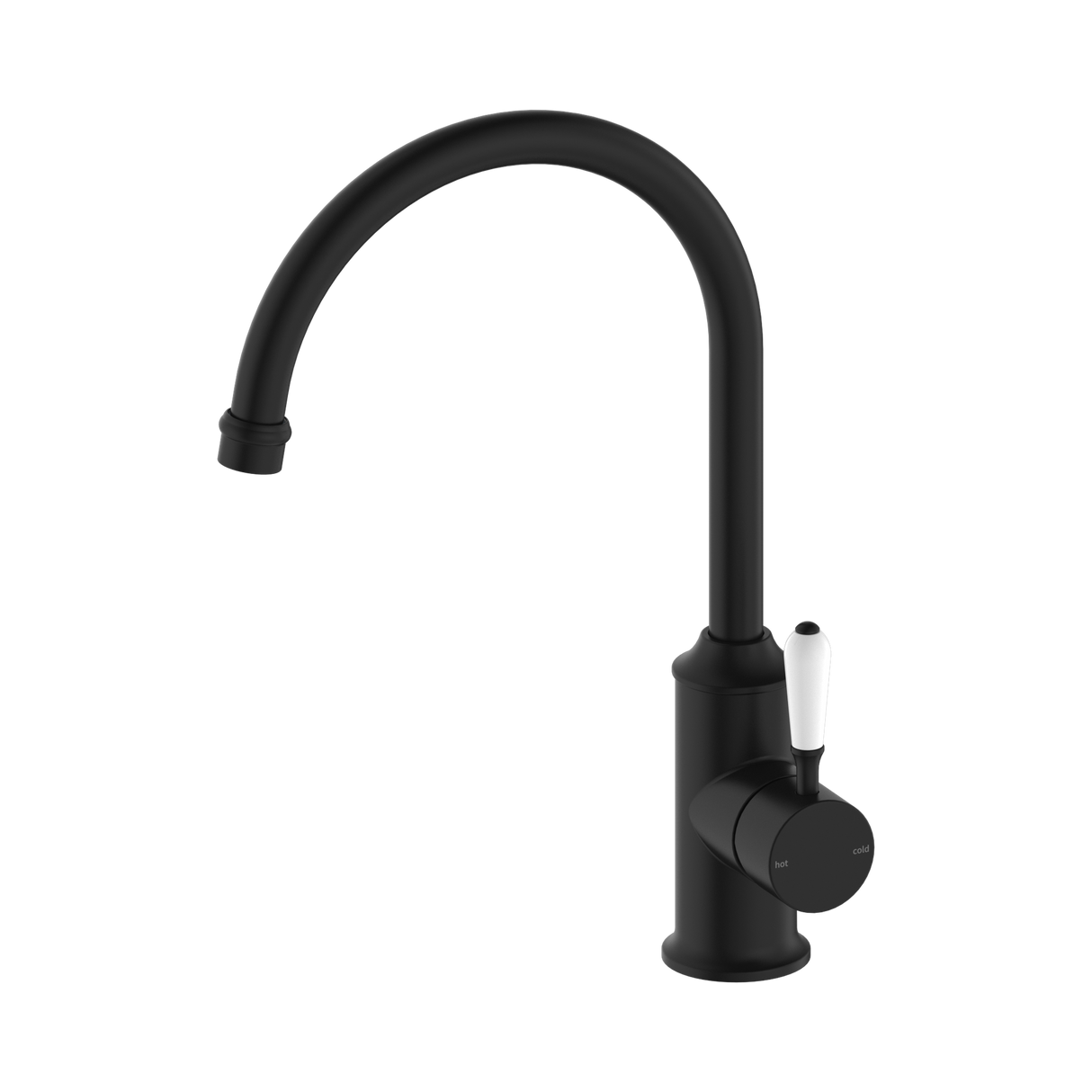 An image of Nero Tapware York Kitchen Mixer Gooseneck Spout With White Porcelain Lever Matte Black