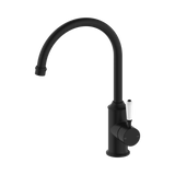 An image of Nero Tapware York Kitchen Mixer Gooseneck Spout With White Porcelain Lever Matte Black