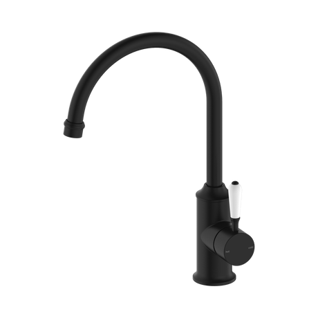 An image of Nero Tapware York Kitchen Mixer Gooseneck Spout With White Porcelain Lever Matte Black