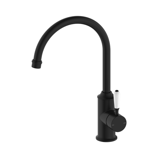 An image of Nero Tapware York Kitchen Mixer Gooseneck Spout With White Porcelain Lever Matte Black