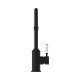 An image of Nero Tapware York Kitchen Mixer Gooseneck Spout With White Porcelain Lever Matte Black