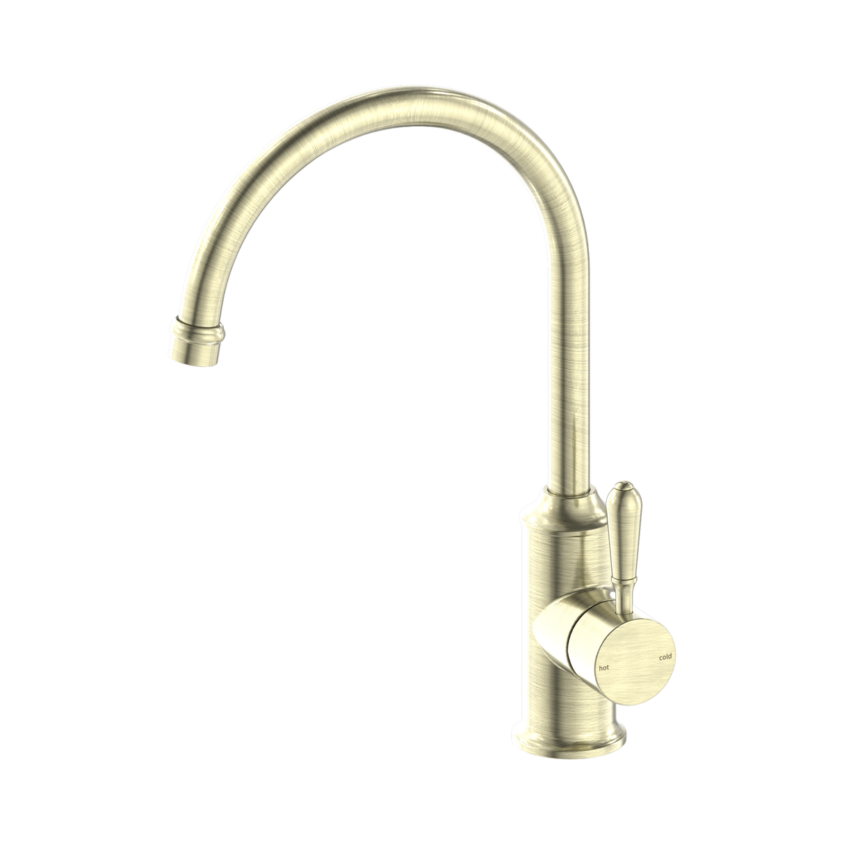 An image of Nero Tapware York Kitchen Mixer Gooseneck Spout With Metal Lever Aged Brass