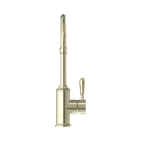 An image of Nero Tapware York Kitchen Mixer Gooseneck Spout With Metal Lever Aged Brass
