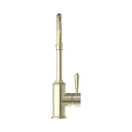 An image of Nero Tapware York Kitchen Mixer Gooseneck Spout With Metal Lever Aged Brass