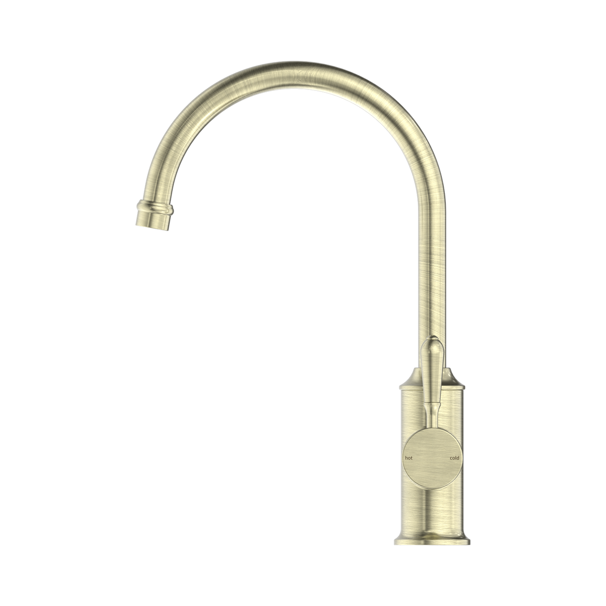 An image of Nero Tapware York Kitchen Mixer Gooseneck Spout With Metal Lever Aged Brass