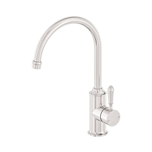 An image of Nero Tapware York Kitchen Mixer Gooseneck Spout With Metal Lever Brushed Nickel