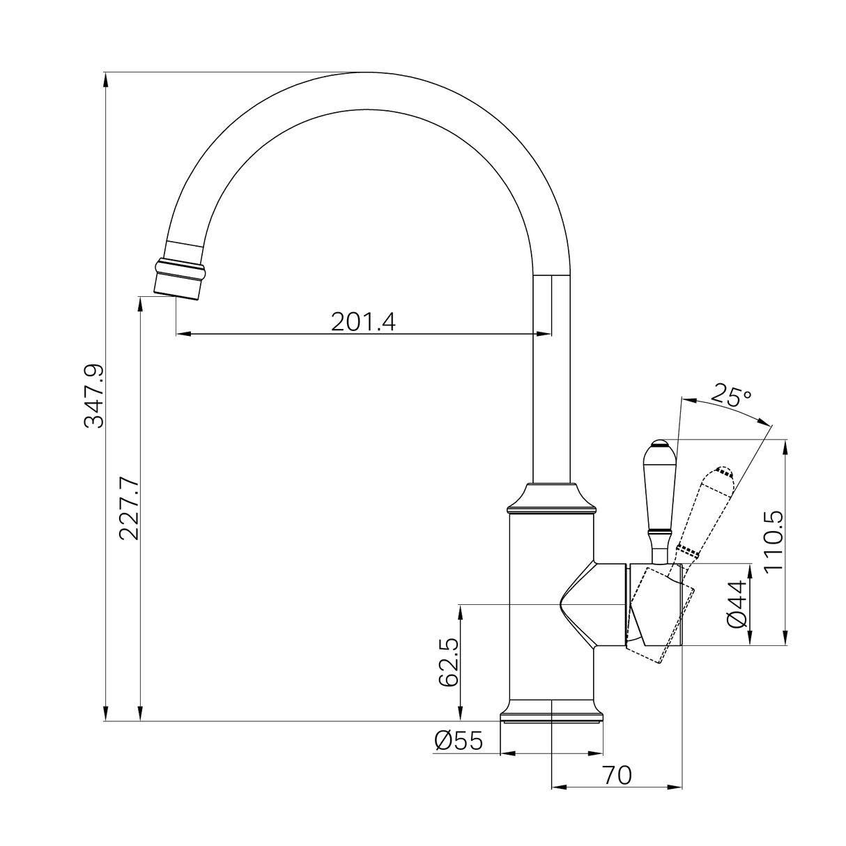 A line drawing of Nero Tapware York Kitchen Mixer Gooseneck Spout With Metal Lever Matte Black