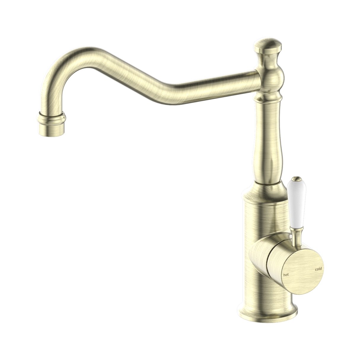 An image of Nero Tapware York Kitchen Mixer Hook Spout With White Porcelain Lever Aged Brass