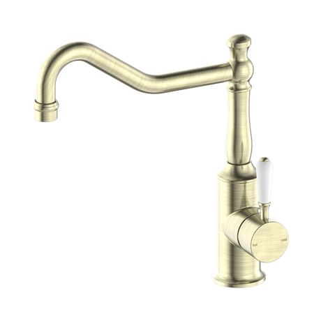 An image of Nero Tapware York Kitchen Mixer Hook Spout With White Porcelain Lever Aged Brass