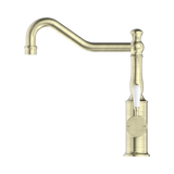 An image of Nero Tapware York Kitchen Mixer Hook Spout With White Porcelain Lever Aged Brass